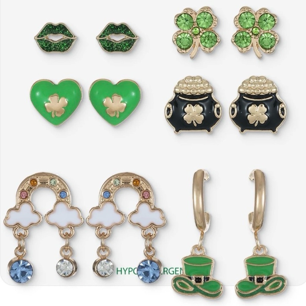 Gold and Green Clover Earrings Set - Picture 3 of 8